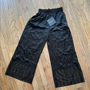 Black Silk Wide-Leg Pants with Lace Trim